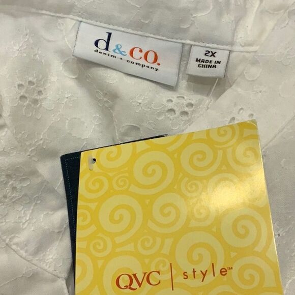 NWT Denim & Co. QVC Eyelet Button Front Shirt White Eyelet 2X Plus - Picture 13 of 15